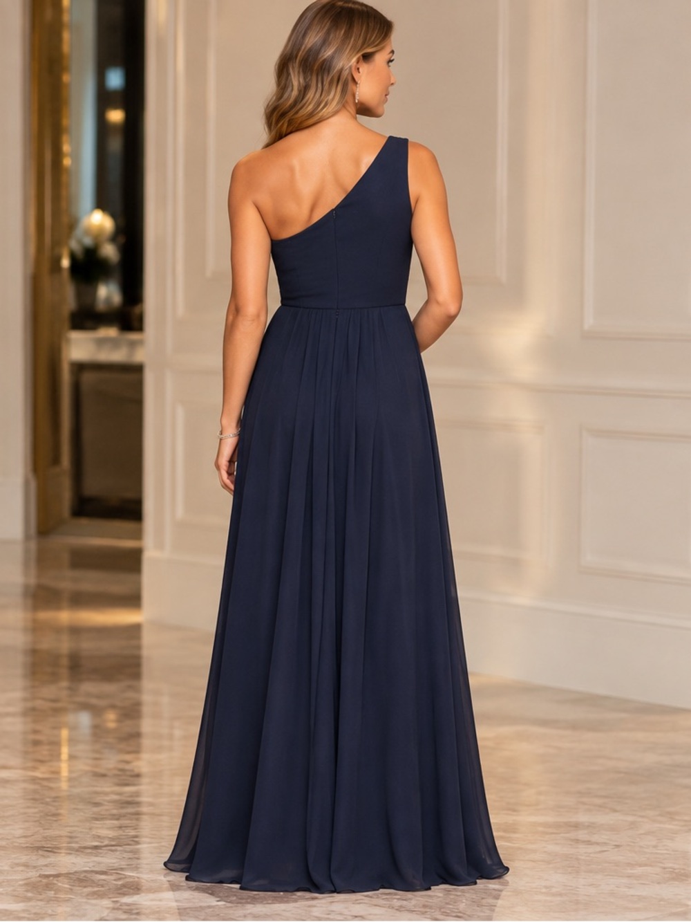Adrianna Papell - One Shoulder Navy Blue Chiffon Gown $250 - Picture 2 of 3